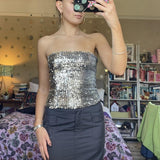 OOTDGIRL Sparkly Sequins Retro Tube Top Y2K Aesthetics Sexy Strapless Crop Top Chic Women Vintage Slim Fit Off Shoulder Camis Club Party