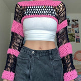 OOTDGIRL E-Girl Striped Knitted Hollow Out Smock Tees Y2K Aesthetic Harajuku Crop Top 2000S Retro Crochet T-Shirt Chic Vintage Clothes