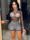 Ootdgirl  Women Rhinestone Paved Shorts Jumpsuits  Mesh See Through Casual Long Sleeve Romper One Piece Playsuits 2022 Summer