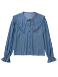 OOTDGIRL Summer Women Solid Fashion Blue Denim Shirt Vintage Ruffled Long Sleeve Single-Breasted Lapel Female Short Blouse Chic Top