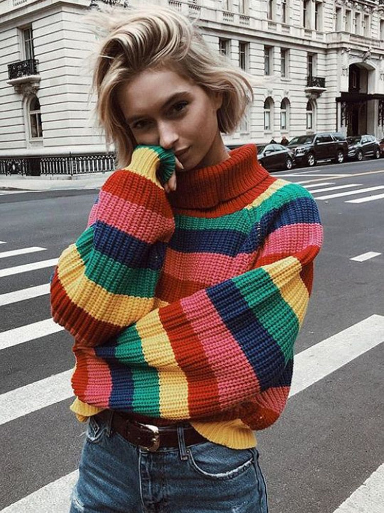 Ootdgirl  2022 Winter Turtlenecks Sweaters For Women Rainbow Stripes Fashion Pullover Female Knitted Jumper Lady's Sweater Hot