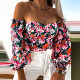 Ootdgirl Spring Summer Women Casual Lantern Sleeves Blouses  Off-Shoulder Printed Chiffon Shirts Ladies Elegant Slim Party Tube Tops