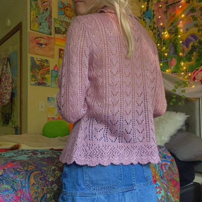 OOTDGIRL Y2K Fairycore Kawaii Pink Knitted Sweater Sweet Girl Tie Up Bandage Cardigans 90S Vintage Crochet Hollow Out Flared Sleeve Tops