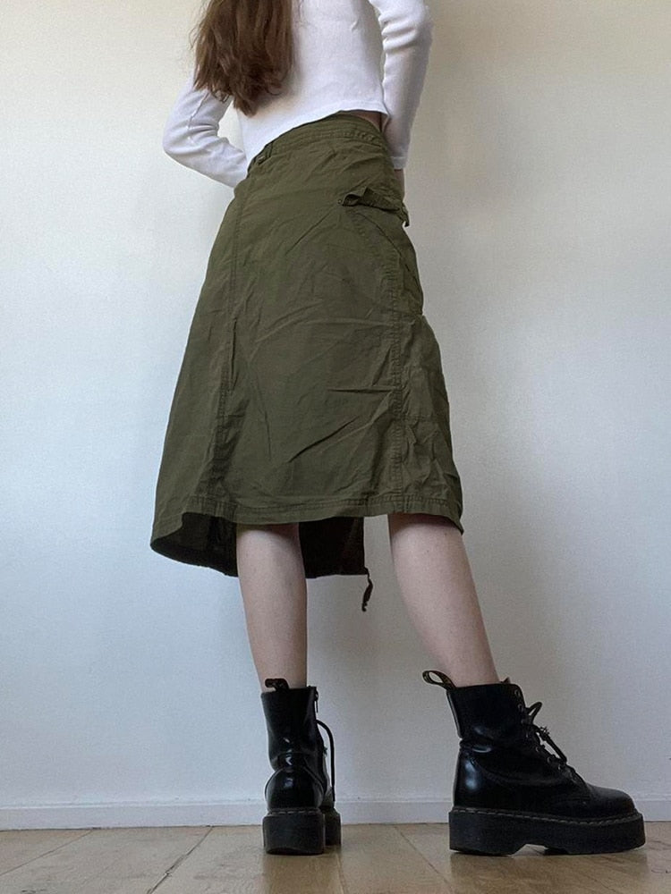 Ootdgirl  Women's Midi Skirts Harajuku Vintage Cargo Skirt High Waist Y2K Aesthetic Green Straight Skirts Korean Grunge Fairycore