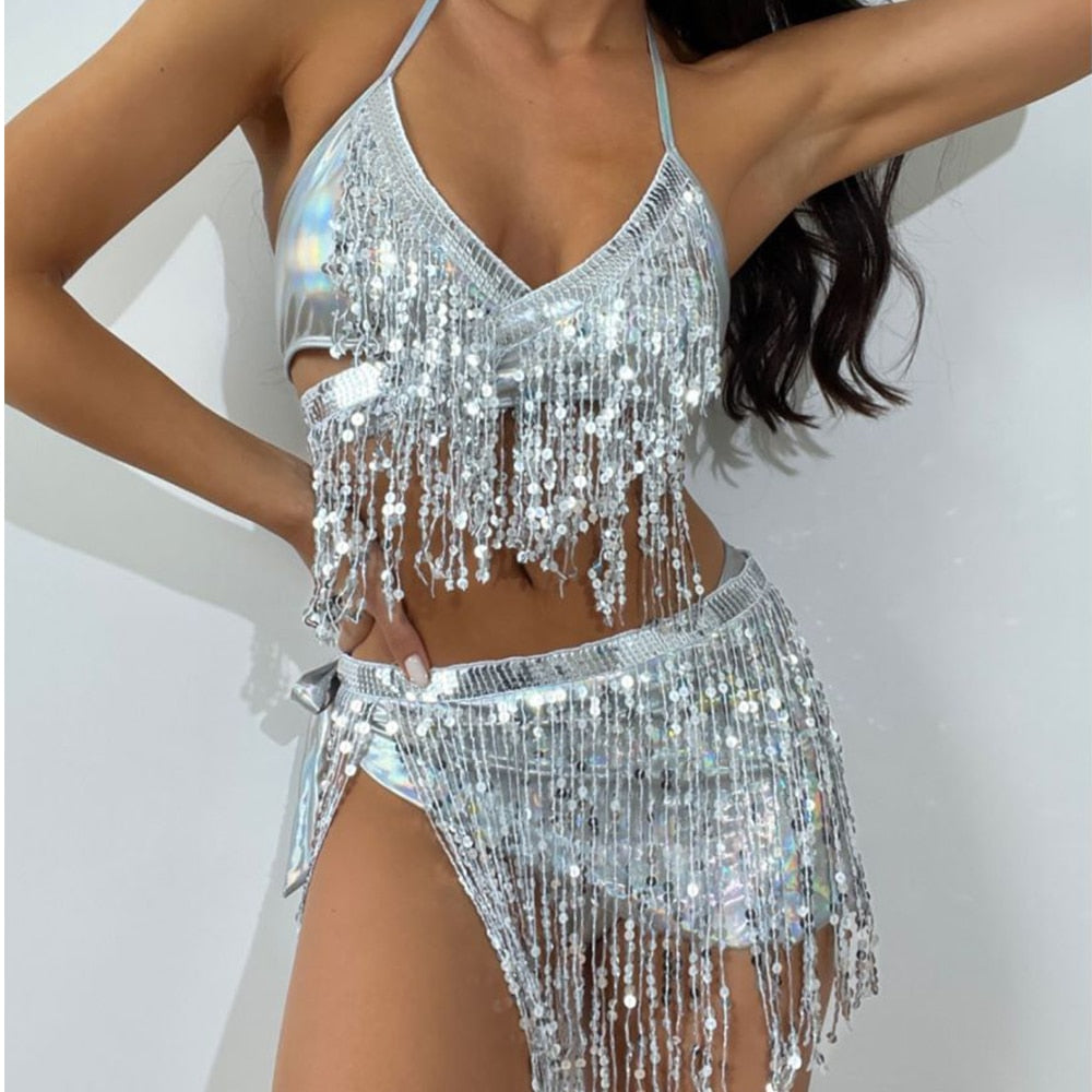OOTDGIRL Women 3 Piece Sets Club Night Party Sexy Backless Crop Tops Bodycon Mini Skirt Holographic Sequins Tassel Festival Rave Outfits