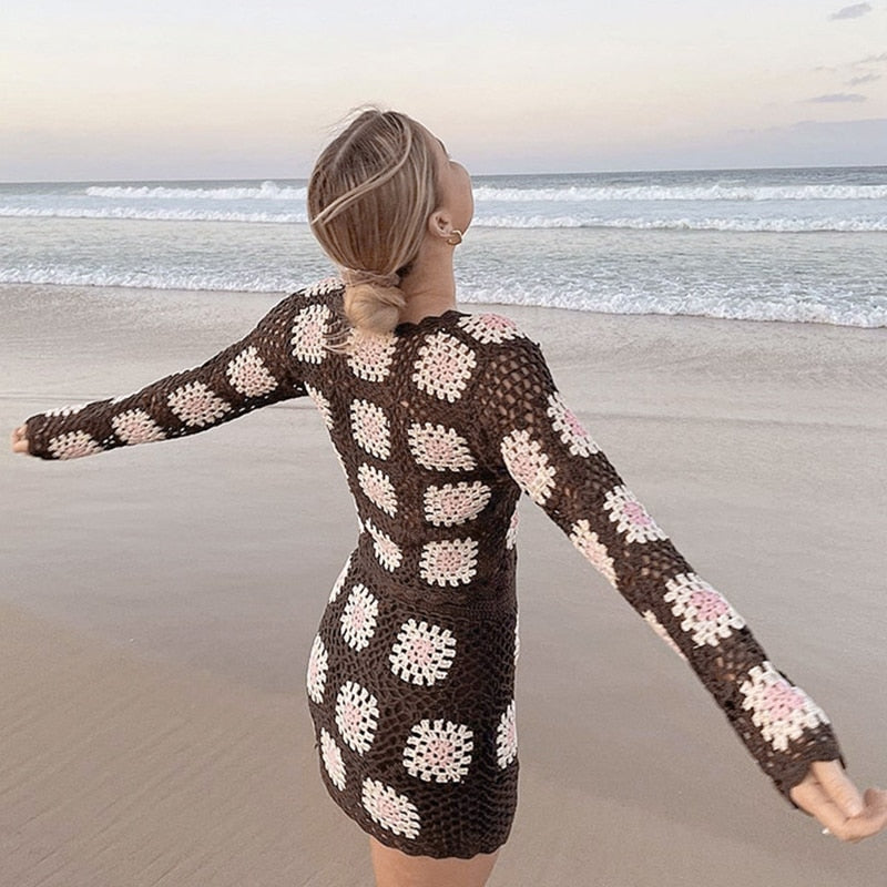 OOTDGIRL Women 2Pcs Hollow-Out Outfits Vintage Crochet Patchwork Long Sleeve Tie-Up Knitted Cardigan + Short Bodycon Skirt Beach Style