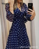 Ootdgirl  Women Casual Long Sleeve Dresses Blue Polka Dots Floral Printed Dress V-Neck High Waist Big Swing Dress Office Lady Wear