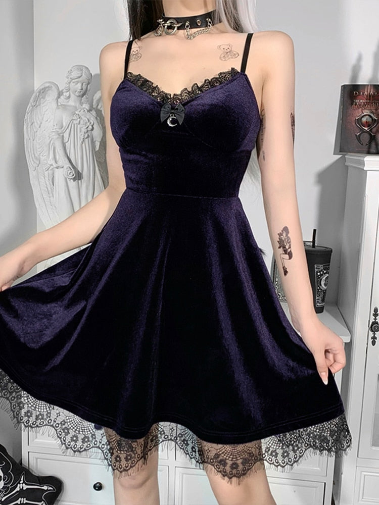 Ootdgirl Halloween Velvet Spaghetti Strap Dress Backless Moon Pendant Color Full Lace Tirm Dress A Line Waist-In Sleeveless Corset Dress