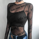 OOTDGIRL Sexy Women Mesh T-Shirts See-Through Perspective Tshirt Letter Printed O Neck Transparent Long Sleeve T Shirt Tops Women