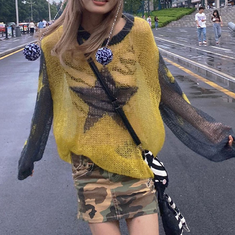 OOTDGIRL Autumn outfits Y2K Pentagram Pattern Knitted Pullovers E-Girl Gothic Mall Goth Hollow Out Sweater 2000S Retro Aesthetic Jumpers Streetwear