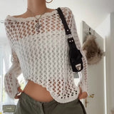 OOTDGIRL Y2k Vintage Knitted Beach Cover-Ups Hollow-Out Solid Color Long Sleeve O Neck See-Through Oversized Women's T-Shirts