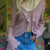 OOTDGIRL Y2K Fairycore Kawaii Pink Knitted Sweater Sweet Girl Tie Up Bandage Cardigans 90S Vintage Crochet Hollow Out Flared Sleeve Tops
