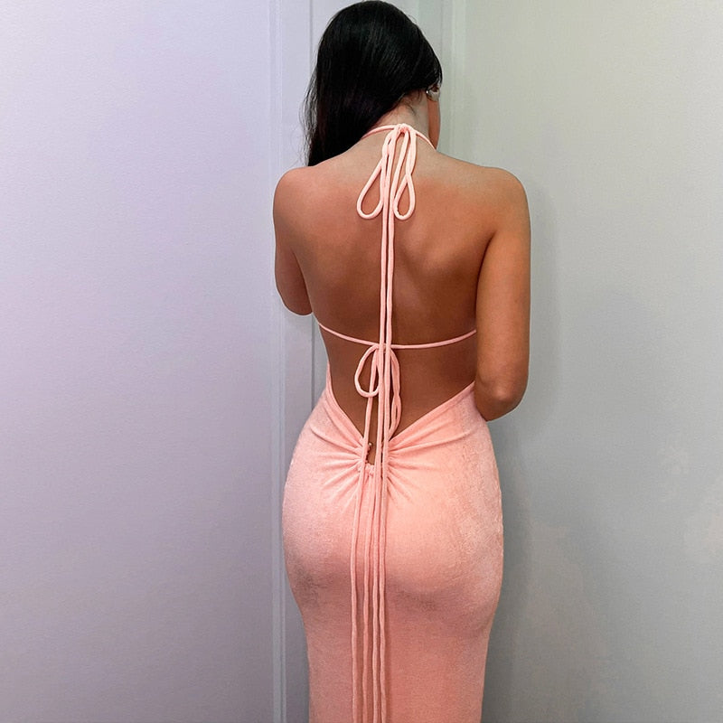 OOTDGIRL Elegant Bandage Spaghetti Strap Ruched Maxi Dress For Women Party Club Vestido Sexy Backless Draped Dresses Knit