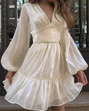 OOTDGIRL Autumn Female Solid Color V Neck Long Sleeve Mini Fairy Dresses Summer Women Elegant Short Birthday Dress