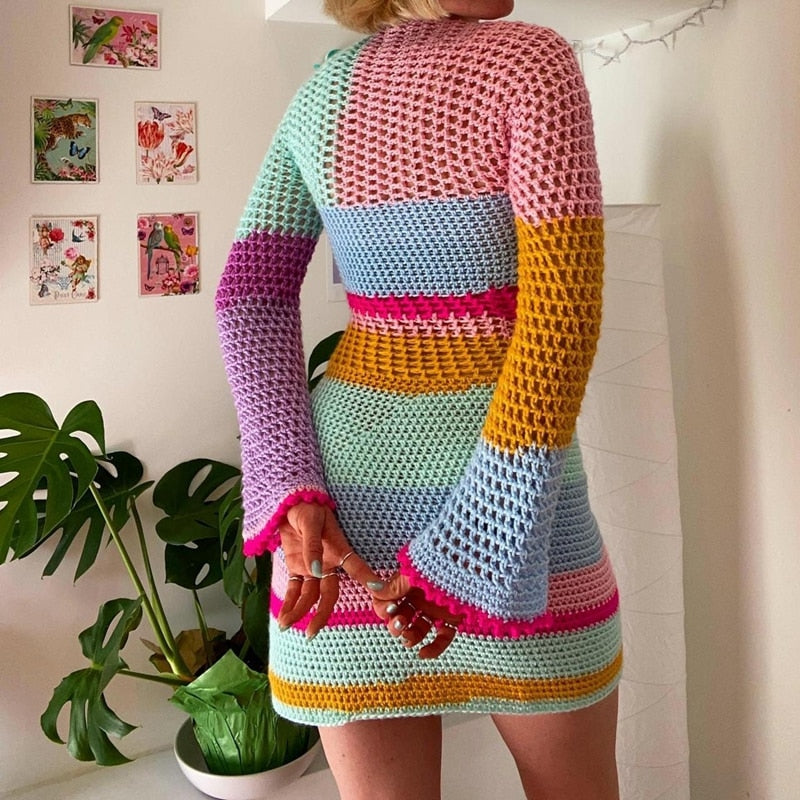 OOTDGIRL Colorful Patchwork Hollow Out Crochet Mini Dress Chic Women Long Sleeve 90S Vintage Aesthetic Knitted Dress Y2K Fairycore