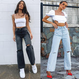 OOTDGIRL High Quality Ladies Jeans Fashion Loose Ripped High Waisted Straight Street Style Casual Denim Trousers Women's Pants Jeans