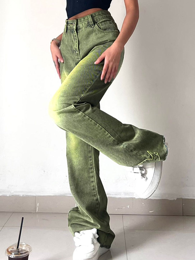 Ootdgirl  Green Vintage Baggy Jeans Women Korean High Waist Wide Leg Pants Y2k Straight Denim Trousers Casual Femme Pantalon 2022