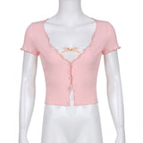 OOTDGIRL OOTDGIRL 2000S Retro Sweet Girl Pink Crop Top Kawaii Button Up Short Sleeve Tees Y2K Aesthetic Fairy Lace Trim Vintage T-Shirt Streetwear