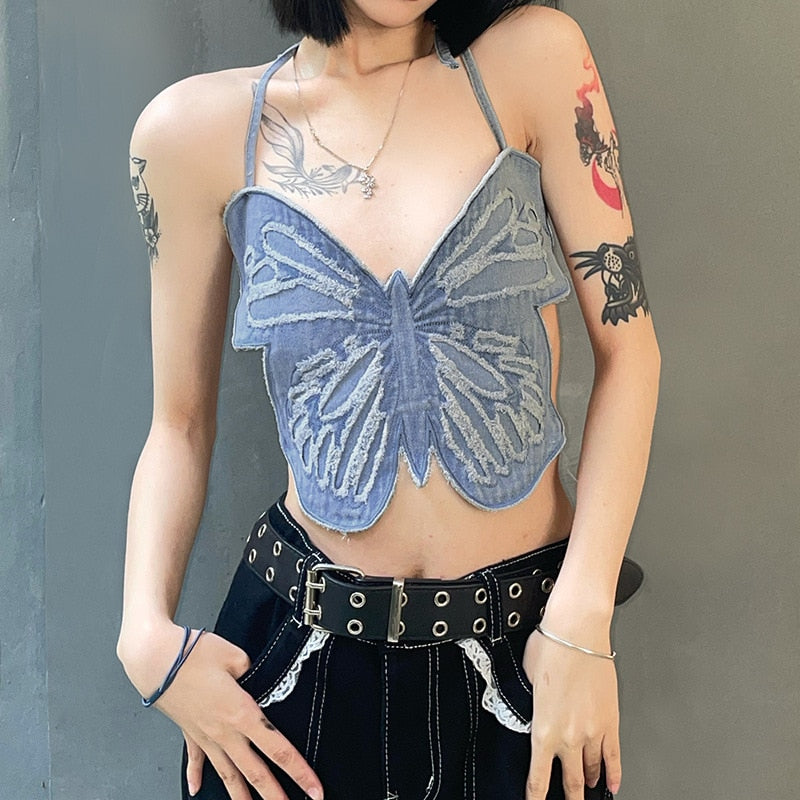 OOTDGIRL Women's Sexy Halter Neck Butterfly Denim Sling Back Lace Blue Hot Girl Vest Ins Style Fashion Streetwear 2022 Spring New