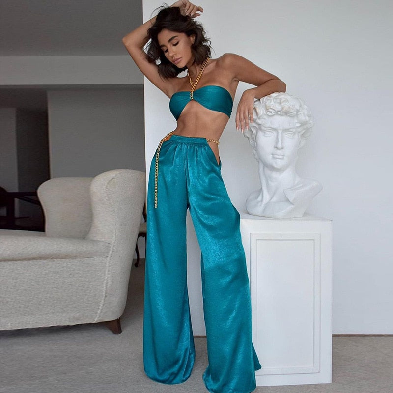 Ootdgirl   Satin Two Piece Set Metal Chain Baggy Wide Leg Pants and Crop Top 2022 Summer Beach Vacation Outfits C68-EE36