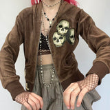 OOTDGIRL Skulls Print Brown Hooded Coat Autumn Long Sleeve Slim Jackets 90S Vintage Y2K Aesthetics Grunge Mall Goth Sweatshirts Clothes