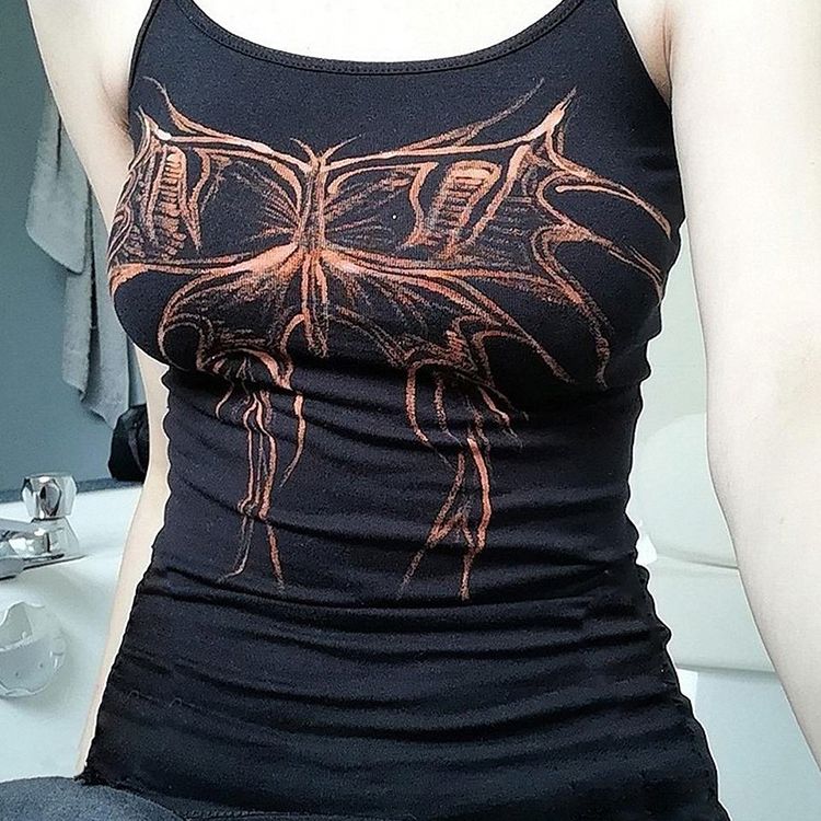 Ootdgirl  Gothic Butterfly Print Camisole Y2K Aesthetic Crop Top Summer Women Vintage Off Shoulder Tank Top Summer Sweat Vests