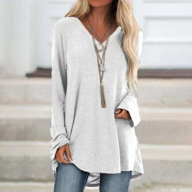 Ootdgirl Women's Plain Long Sleeves Loose T-Shirt Solid Color V Neck Pullover Tops Autumn Spring Fashion T-Shirt Casual Tee