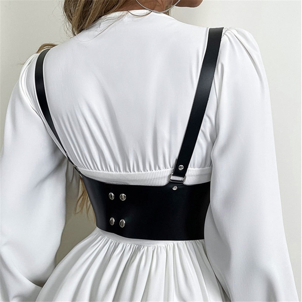 OOTDGIRL 2022 Vintage Gothic Chest Support Corset Top Belt Tank Vest Women Punk Black PU Leather Metal Buckle Lace Up Bustiers Harajuku