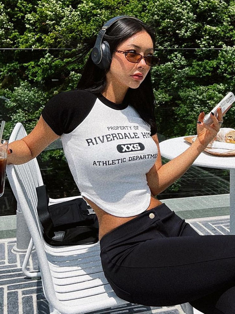 OOTDGIRL Y2K Summer Letters Print Short Sleeve T-Shirts Casual Fashion Streetwear Round Neck Crop Top Tees Slim Clothes