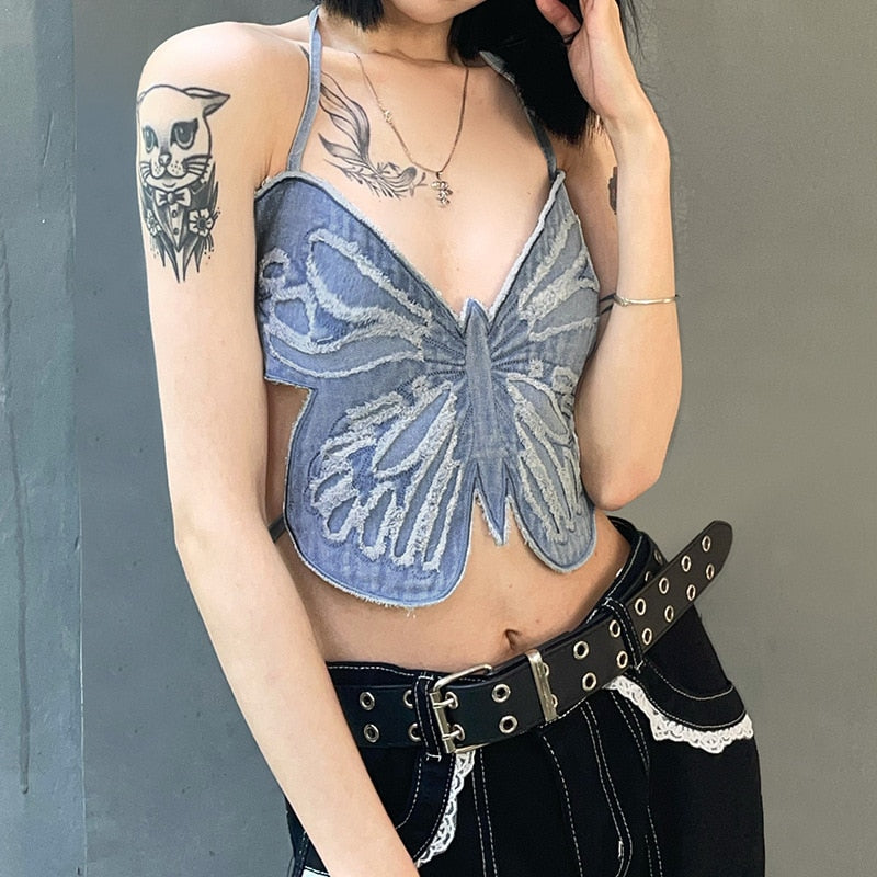 OOTDGIRL Women's Sexy Halter Neck Butterfly Denim Sling Back Lace Blue Hot Girl Vest Ins Style Fashion Streetwear 2022 Spring New