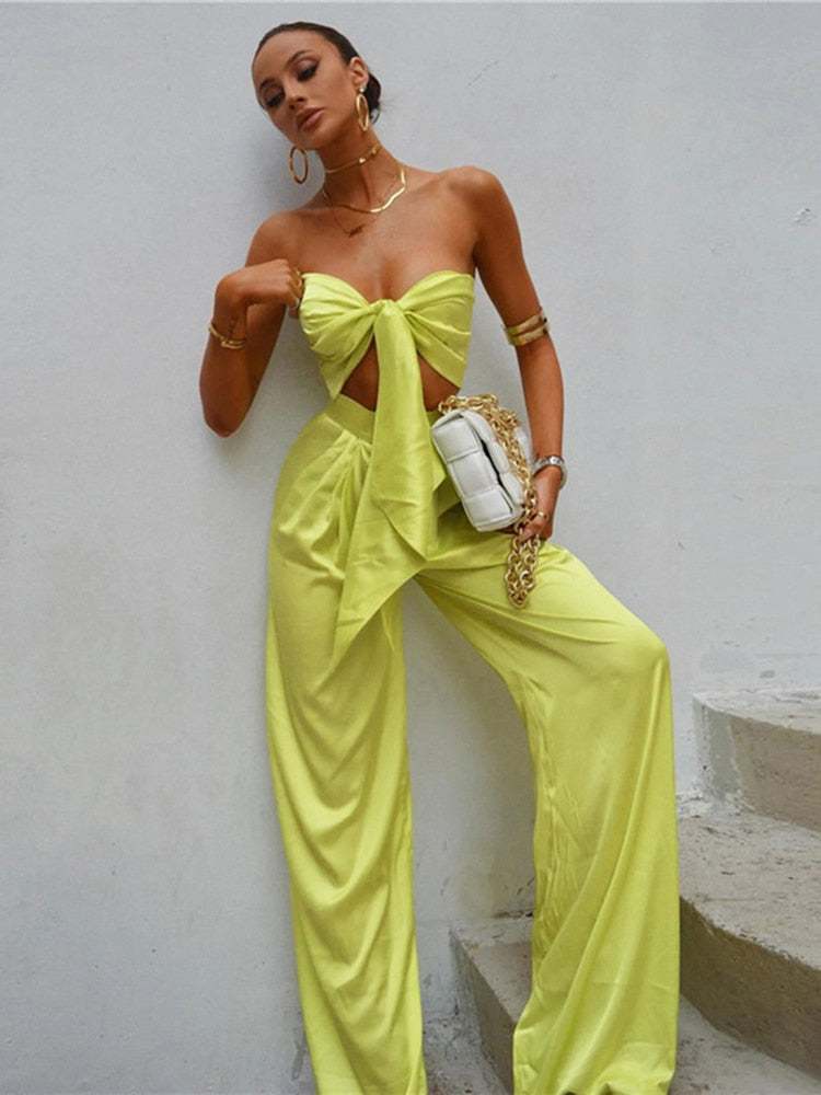 Ootdgirl   Strapless Satin 2 Piece Sets Outfits for Women Summer Club Party Elegant Fashion Matching Sets Top and Pants