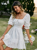 OOTDGIRL Lace Up Hollow Out Knot Summer White Dress Women Holiday Casual High Waist Ruffled Mini Dresses A-Line Frills Vestido