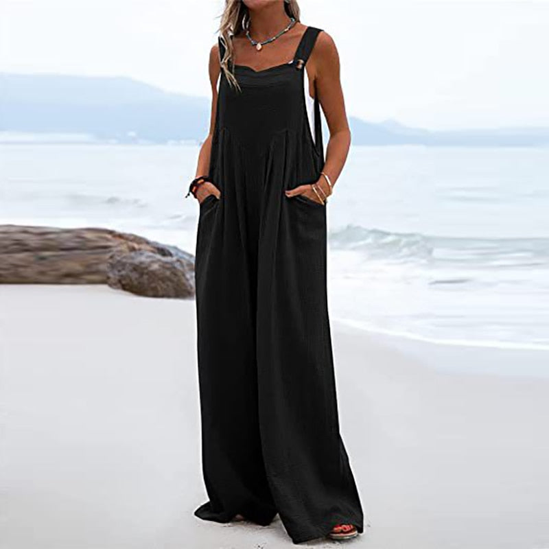 Ootdgirl 2022 Summer Fashion New Sling Cotton And Linen Jumpsuit Casual Sleeveless Solid Color Loose Slim Jumpsuit Elegant Beach Jumpsuit