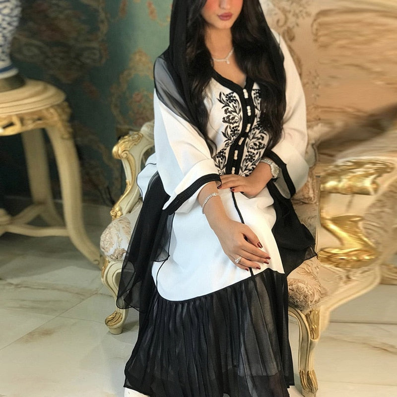 Ootdgirl  Dress Muslim Women Embroidered Lace Chiffon Dubai Robe Abaya Long Sleeve Djellaba Ramadan Turkey Kaftan Islamic Clothing