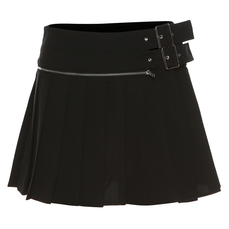 Ootdgirl  Y2k Double Belted Zipper Split Pleated Skirt Preppy Style Black Mini Skirts Womens 2022 Summer Bottoms C71-DI24
