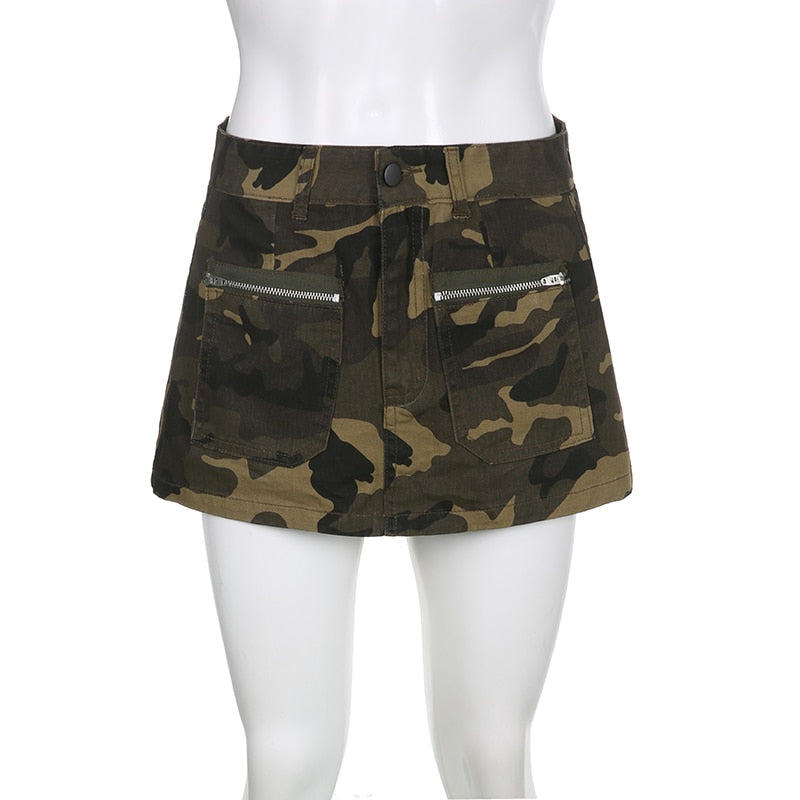 OOTDGIRL Autumn outfits Retro Camouflage Print Mini Straight Skirt Chic Women Low Waist Zip Up Pockets Cargo Skirts Preppy Y2K Vintage Grunge Streetwear