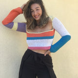 OOTDGIRL Crochet Hollow Out Patchwork  T-Shirts Y2K Aesthetic Vintage Skinny Knitted Crop Top 90S 00S Retro Backless Tie-Up Tees Sweater