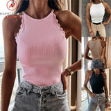 Ootdgirl  Women Summer Solid Color Tanks Patchwork Design Lace Decor O-Neck Sleeveless Slim Chest Enlargement Top