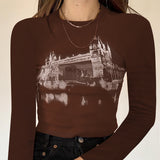 OOTDGIRL Graphic Print Vintage Brown T-Shirt Autumn Spring Long Sleeve O-Neck Sweats Tees Y2K Retro Aesthetic Grunge Crop Top Clothes