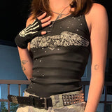 OOTDGIRL Autumn outfits Y2K Star Wings Print Black Tank Top Retro Rib Knitted Mini Vest Vintage Harajuku Grunge Crop Top Summer Sleeveless Sweats Tees