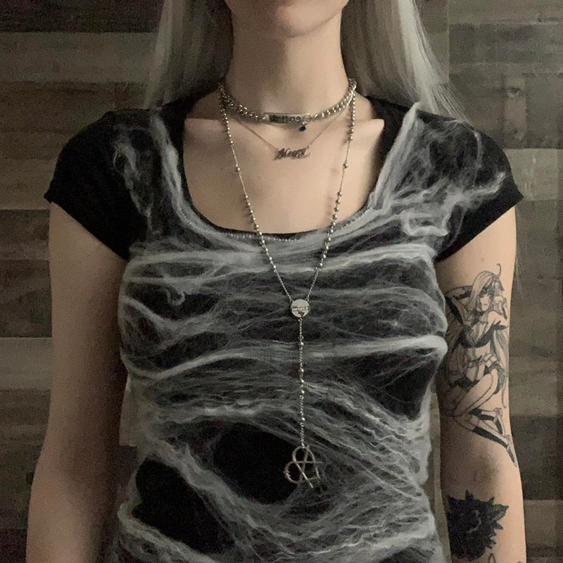 OOTDGIRL Y2K Vintage Grunge Printed Crop Top Summer Short Sleeves Chic Women Tees Dark Academia Gothic Black T-Shirt Emo Alt Streetwear