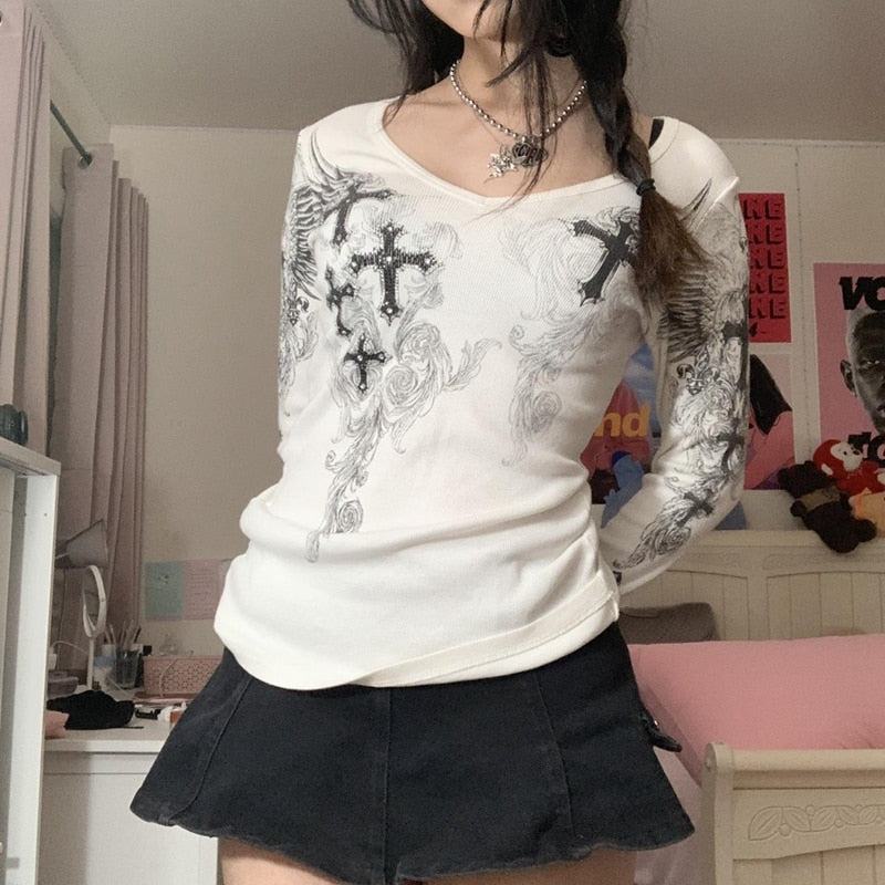 OOTDGIRL Autumn outfits Y2K Aesthetic Graphic Printed White T-Shirt Retro Chic Women Autumn Slim Fit Sweats Tees Dark Academia Grunge Vintage Crop Top