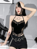 Ootdgirl Halloween Goth Lace Mesh Trim Halter Crop Top Harajuku  Side See Through Tank Cutout Backless Velvet Bow Cross Bustier Camis