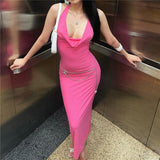 OOTDGIRL Elegant Pink Halter Draped Maxi Dress For Women Party Club Vestido Letters Summer Backless Long Dresses Clothes
