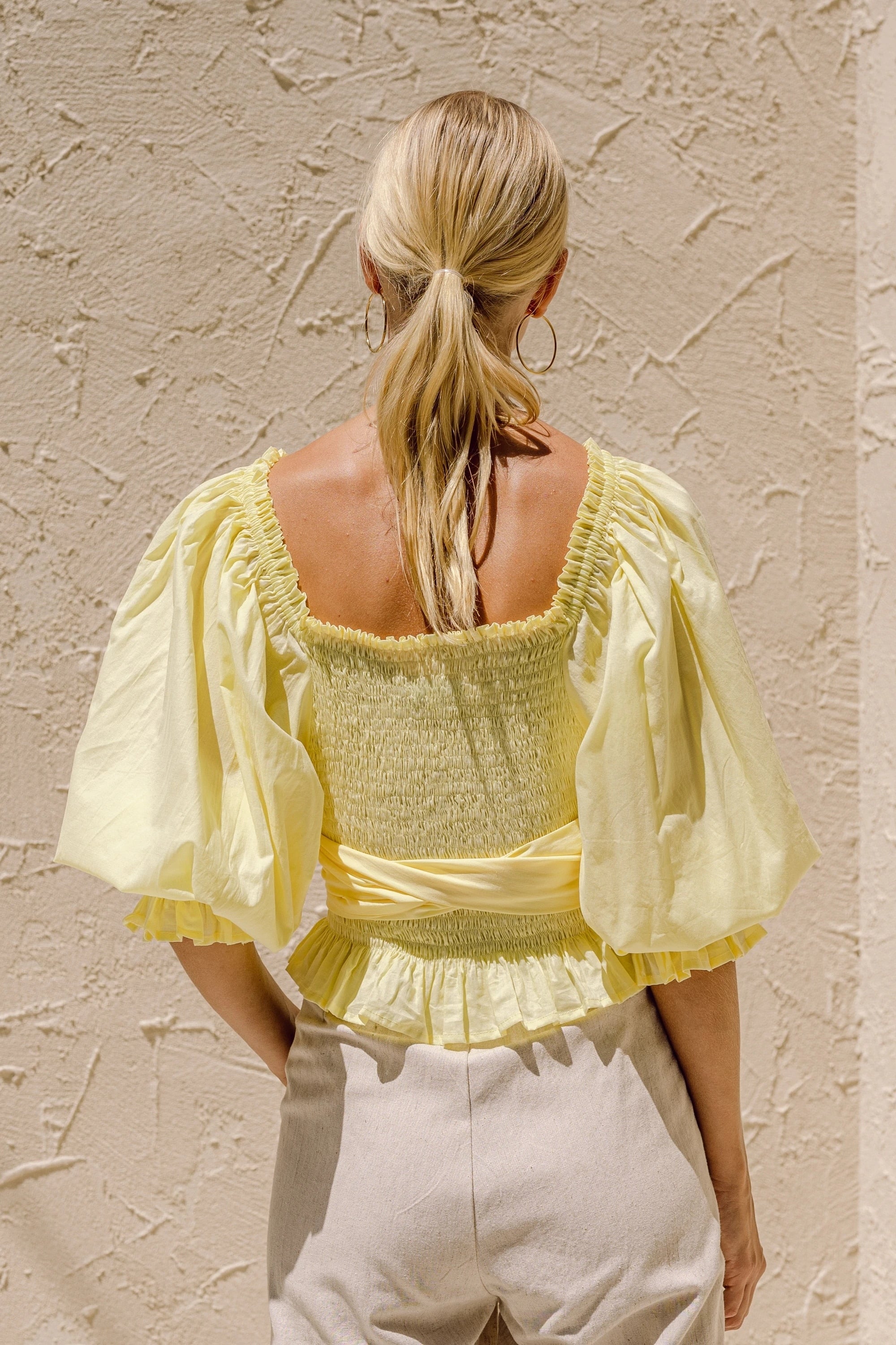 OOTDGIRL Summer Women Blouse Yellow Half Sleeves Sashes Cotton Casual Square Collar Ruffles Cute Elastic Ladies Shirt