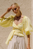 OOTDGIRL Summer Women Blouse Yellow Half Sleeves Sashes Cotton Casual Square Collar Ruffles Cute Elastic Ladies Shirt
