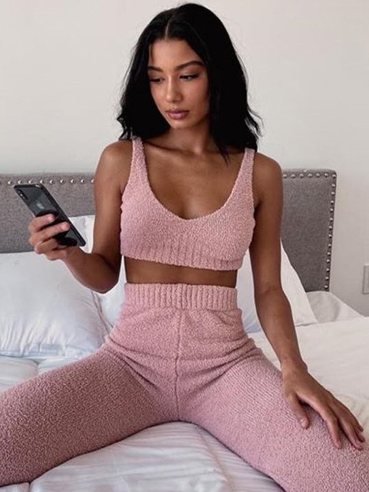 Ootdgirl  Fur Two Piece Outfits  Backless Crop Tops Women Outfits Matching Set Top And High Waist Pants Party Clubwear