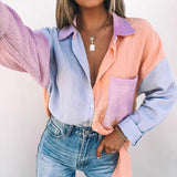 Ootdgirl Spring Summer Fashion Women New Patchwork Shirt Elegant Commute Contrast Lapel Buttons Cardigan Streetwear Ladies Casual Blouses