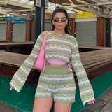 OOTDGIRL Beach Holiday Bohemian Knitted Two Piece Set Ouftits Long Sleeve Hollow Out Crop Top Pullovers + Slim Fit Short Streetwear