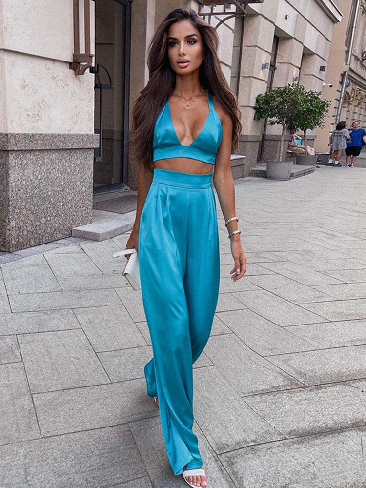 Ootdgirl  Silky Satin Camis Crop Top and Pants 2 Piece Set for Women Matching Sets Outfits  High Waist Pants Streetwear
